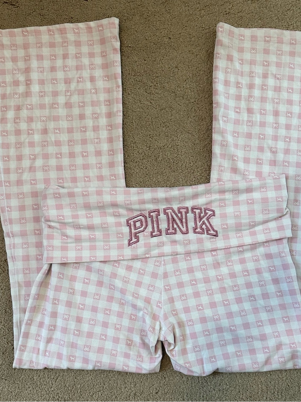 PINK x LoveShackFancy Icon Gingham Pink & White Plaid Foldover Flare Leggings L